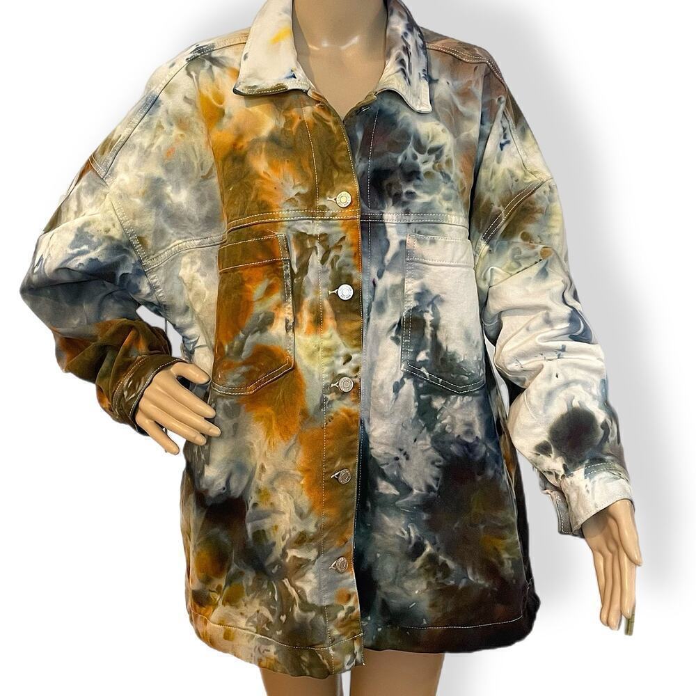 Hand tie dyed ice dyed jean jacket shacket neutrals black XL